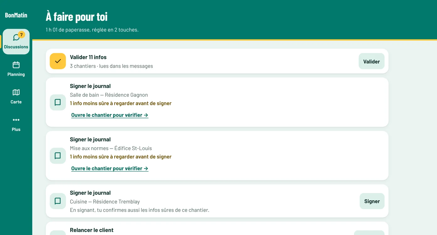 La liste À faire pour toi : valider 11 infos, signer les journaux, relancer un client.